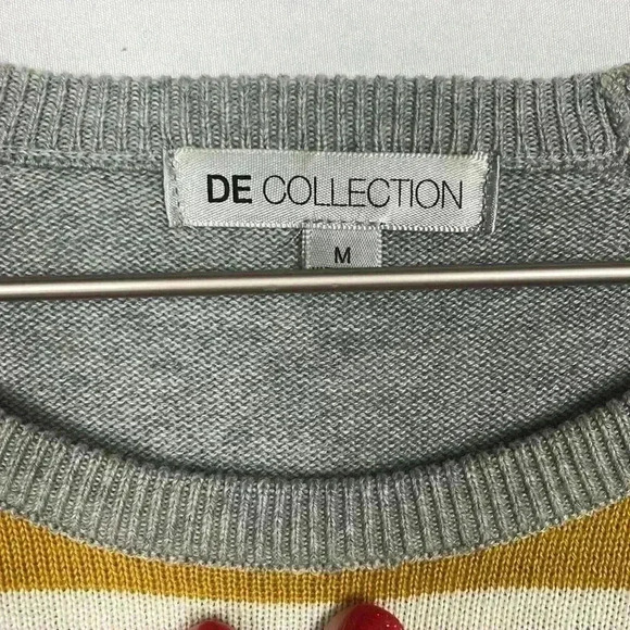 DE Collection Womens Sweater Gray/Gold M Stripes Crew Pullover Elbow Patches EUC - Picture 2 of 9
